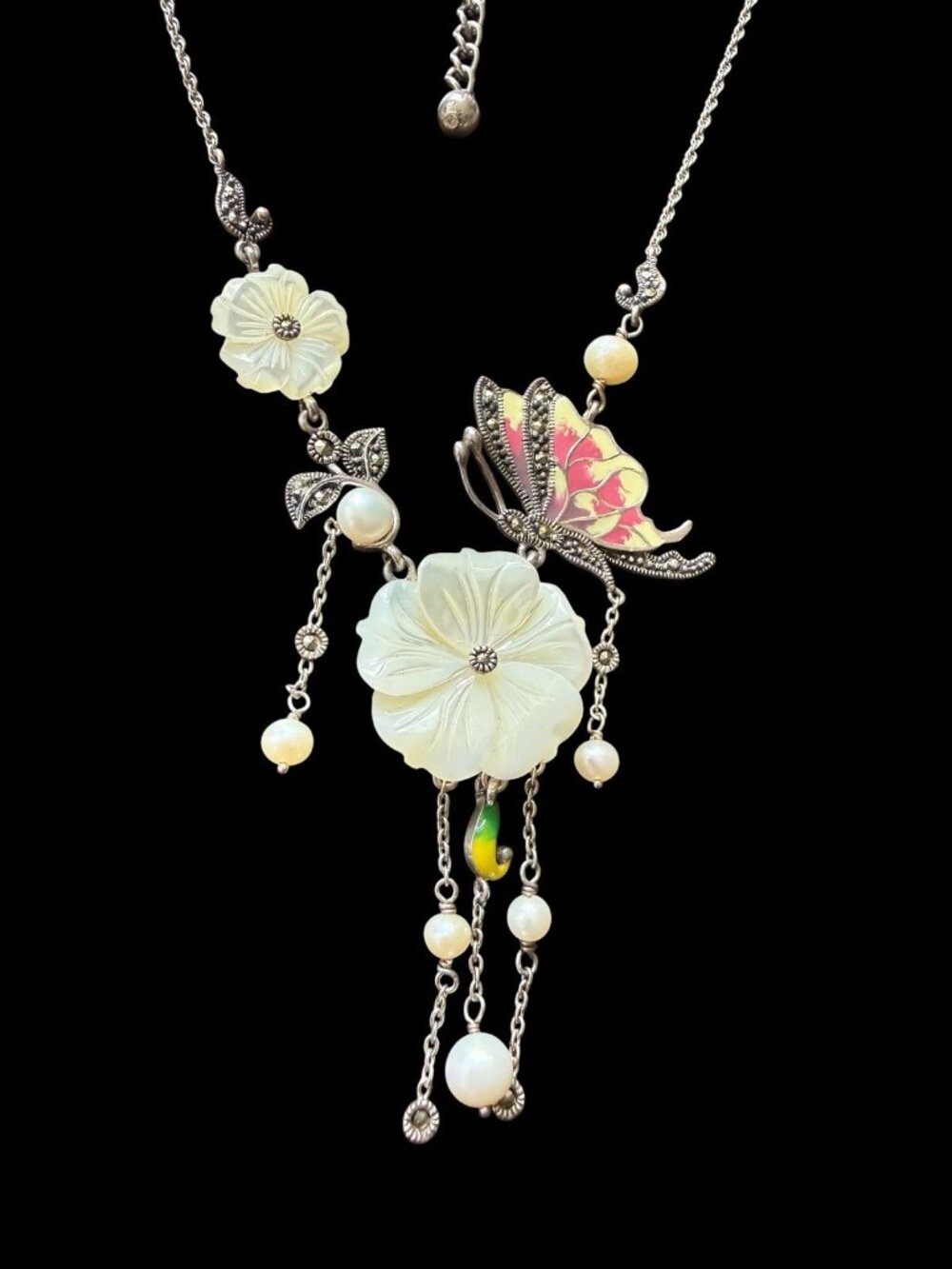 Vintage 925 Sterling Silver Carved MOP Flower Enameled Butterfly Necklace - Picture 3 of 7